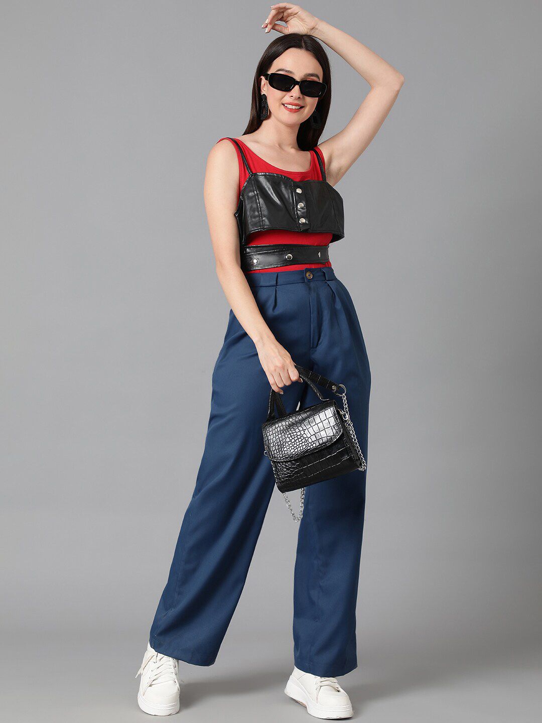 KOTTY BIZwear Women Navy Blue Relaxed Straight Leg High-Rise Easy Wash Pleated Trousers