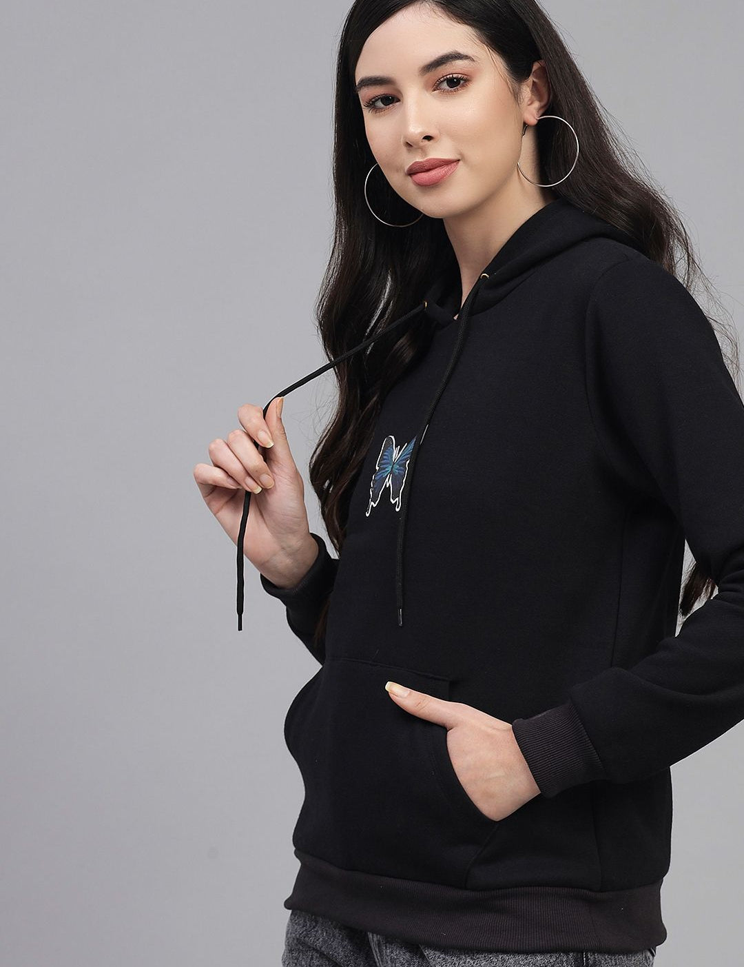 Kotty Women Black Printed Hooded Sweatshirt