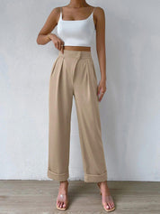 Kotty Women Beige Relaxed Straight Fit High-Rise Easy Wash Pleated Trousers