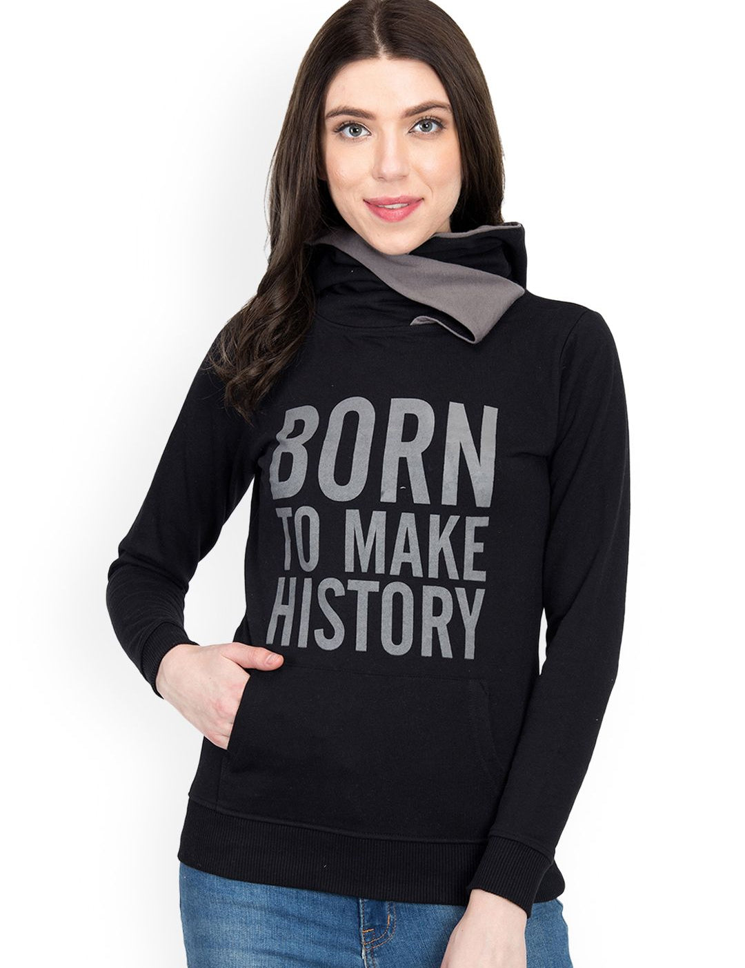 Kotty Women Black Printed Hooded Sweatshirt