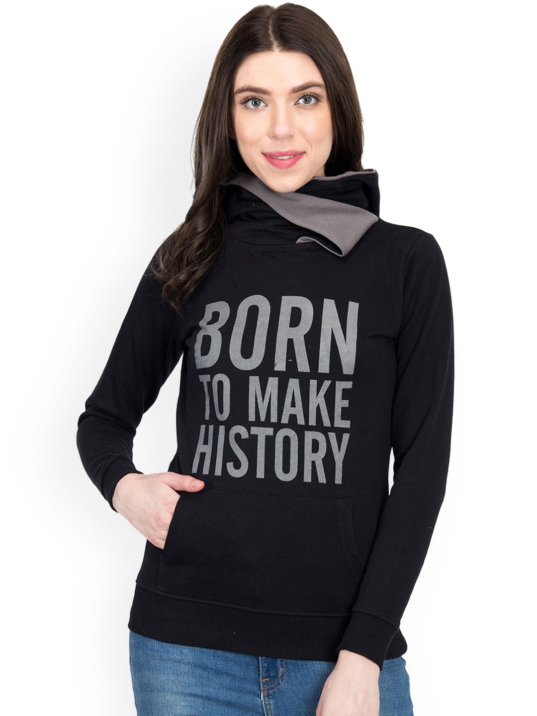 Kotty Women Black Printed Hooded Sweatshirt
