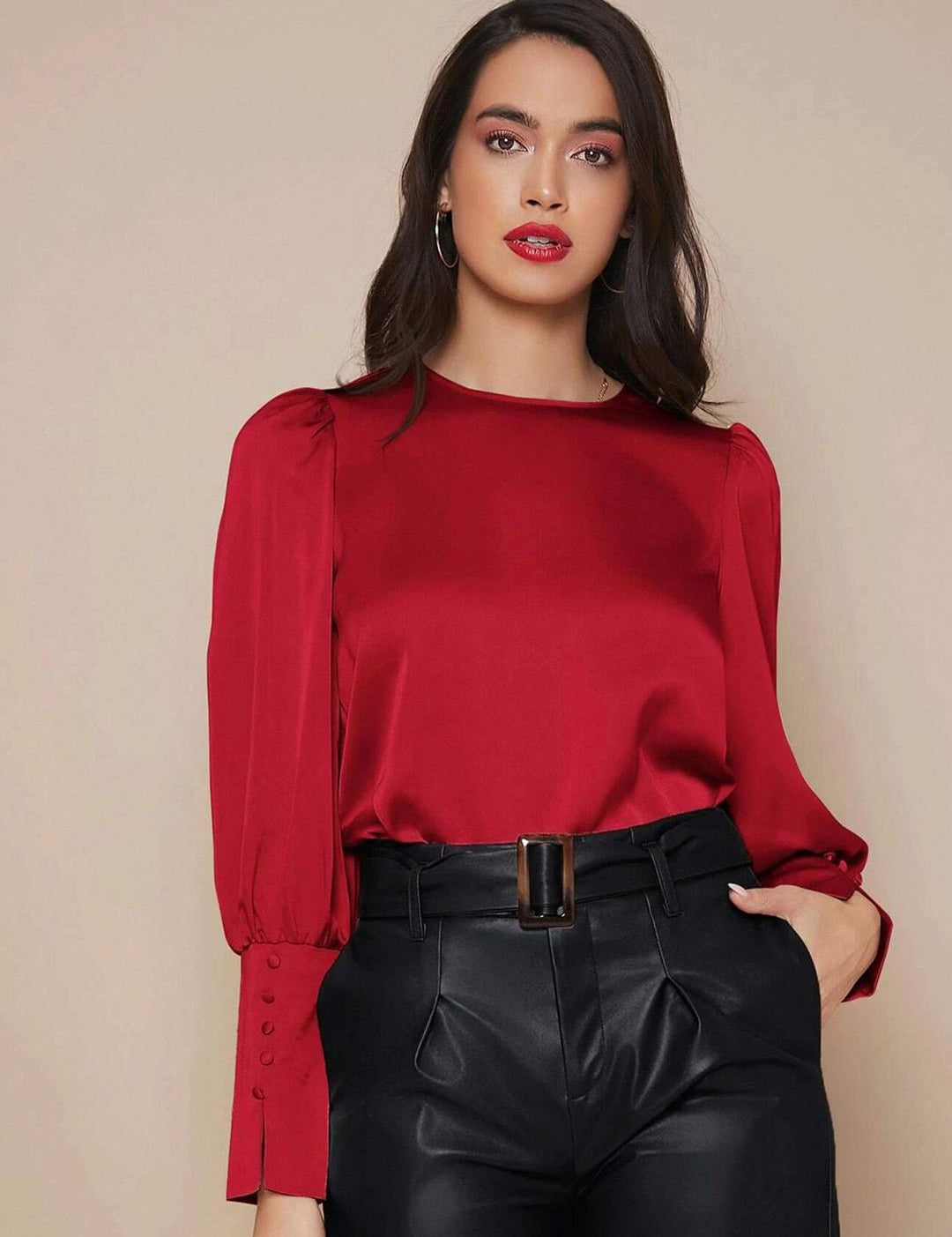 Kotty Round Neck Cuffed Sleeve Satin Top