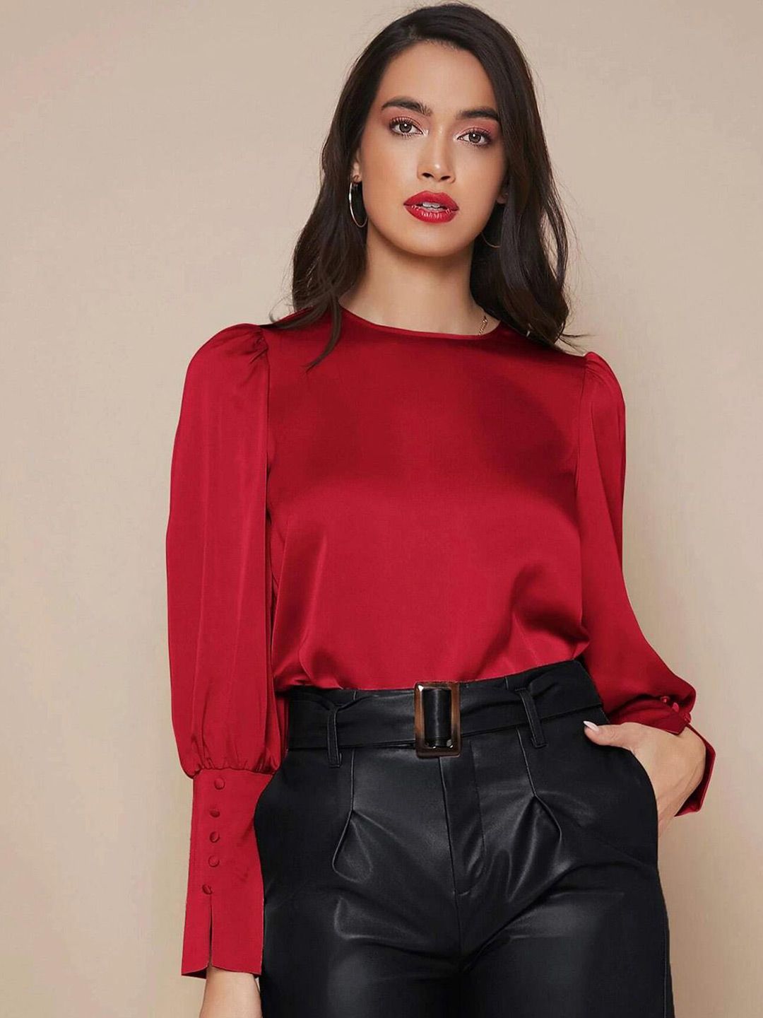 Kotty Round Neck Cuffed Sleeve Satin Top