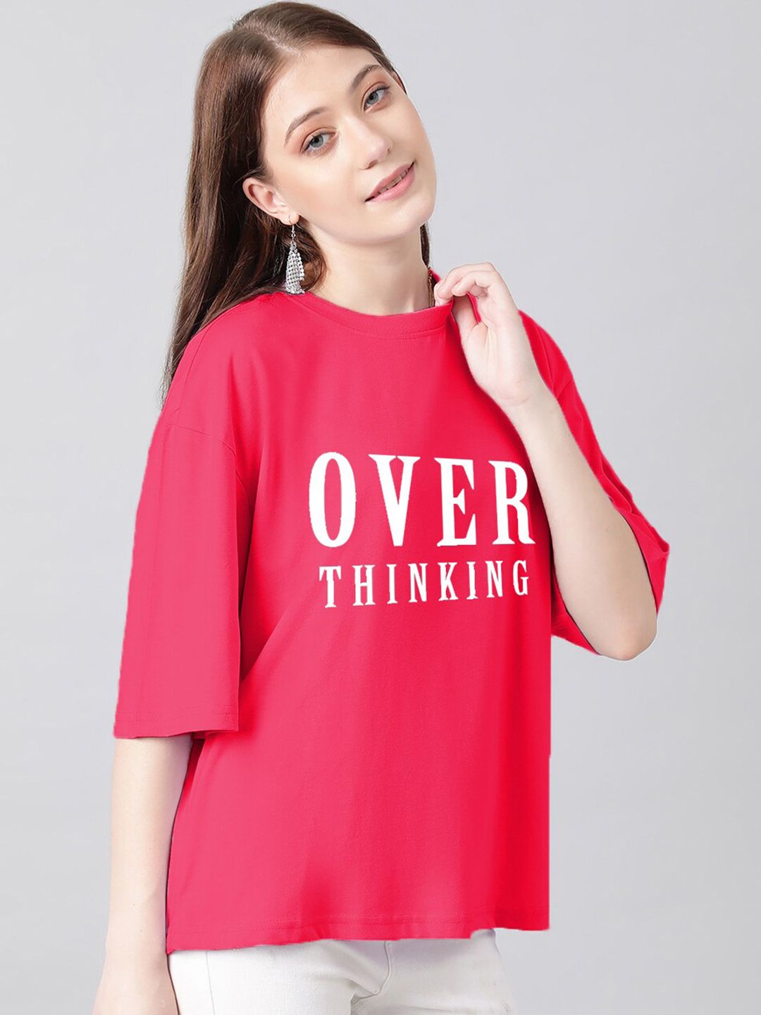 Kotty Typography Printed Drop-Shoulder Sleeves Oversized T-shirt