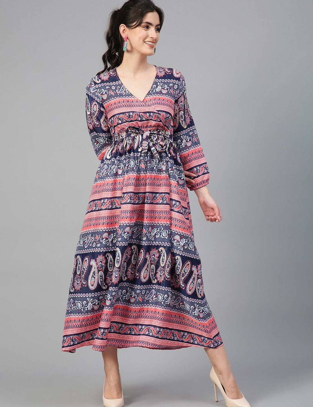 Kotty Ethnic Motifs Printed Puff Sleeves Fit & Flare Maxi Dress
