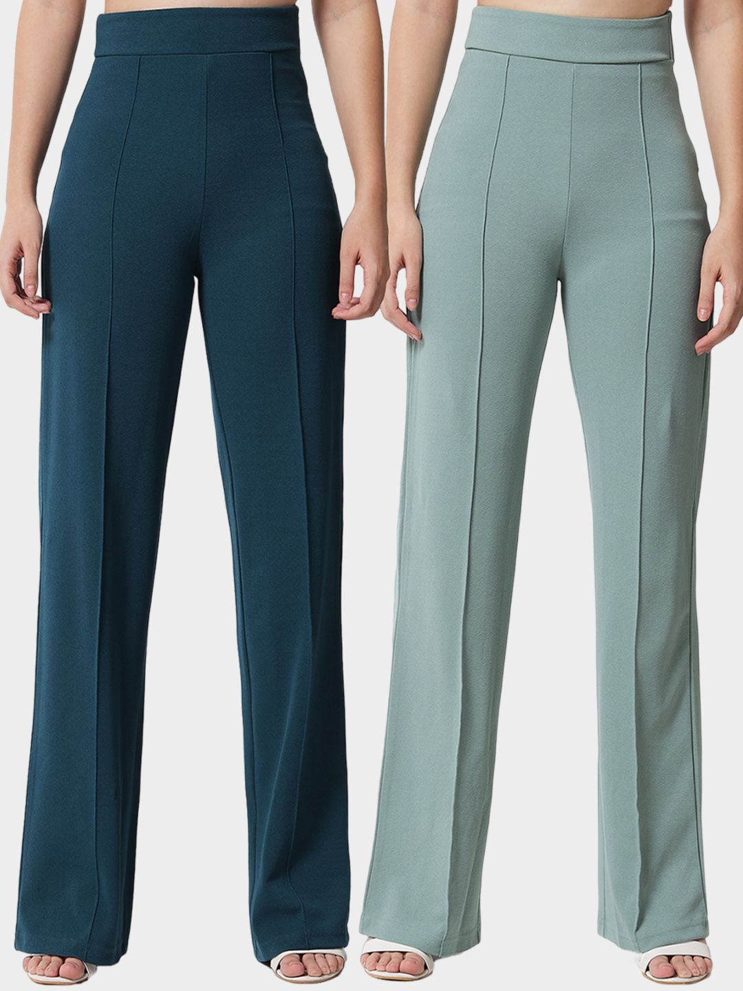 Kotty Women Pack Of 2 Relaxed Straight Leg High-Rise Easy Wash Parallel Trousers
