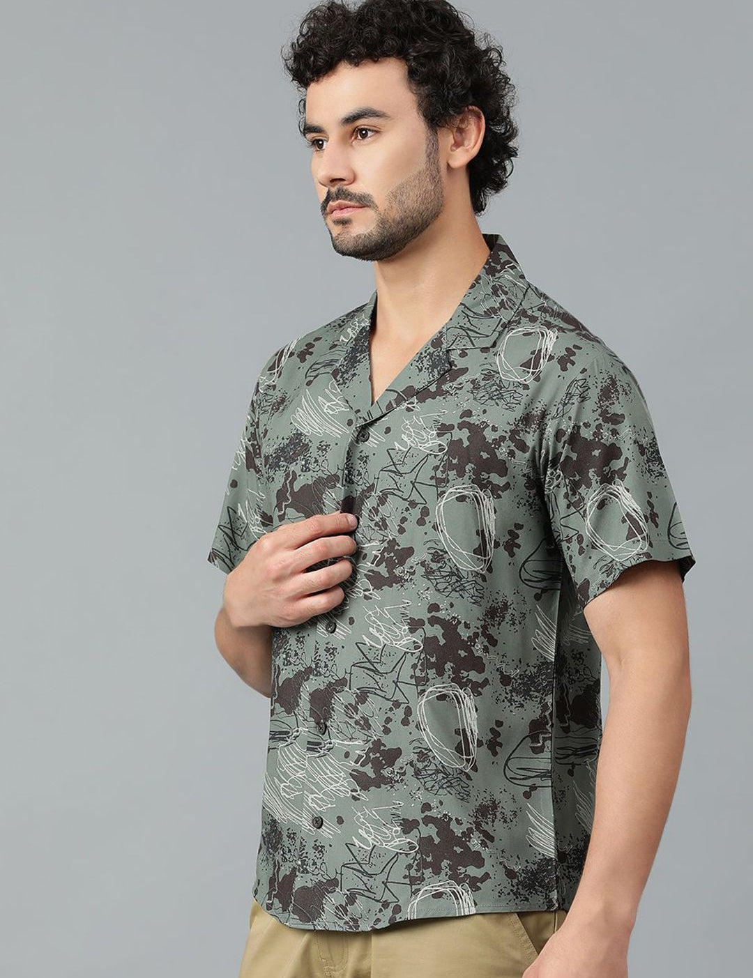 Kotty Men Cuban Collar Abstract Printed Casual Shirt