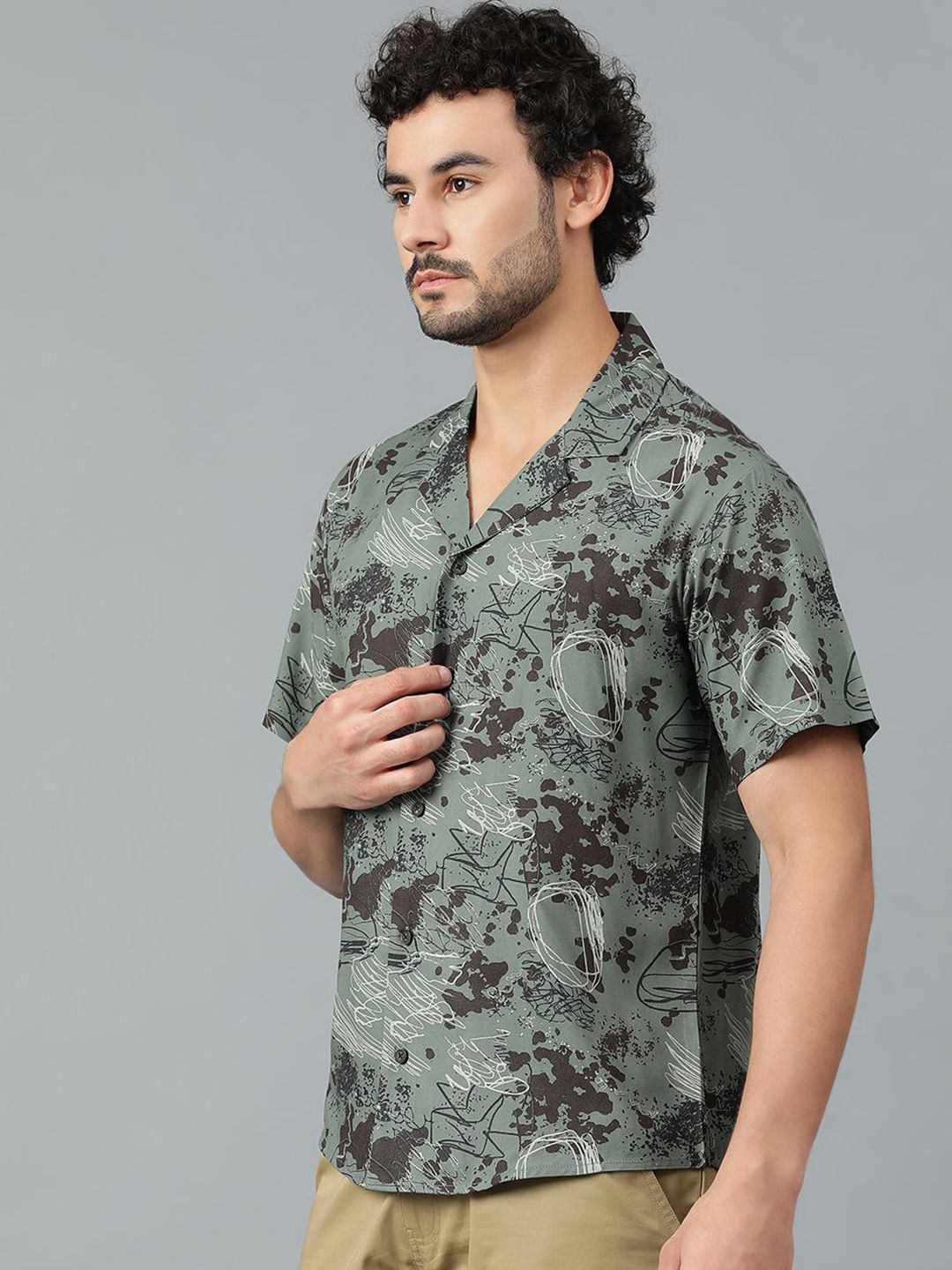 Kotty Men Cuban Collar Abstract Printed Casual Shirt