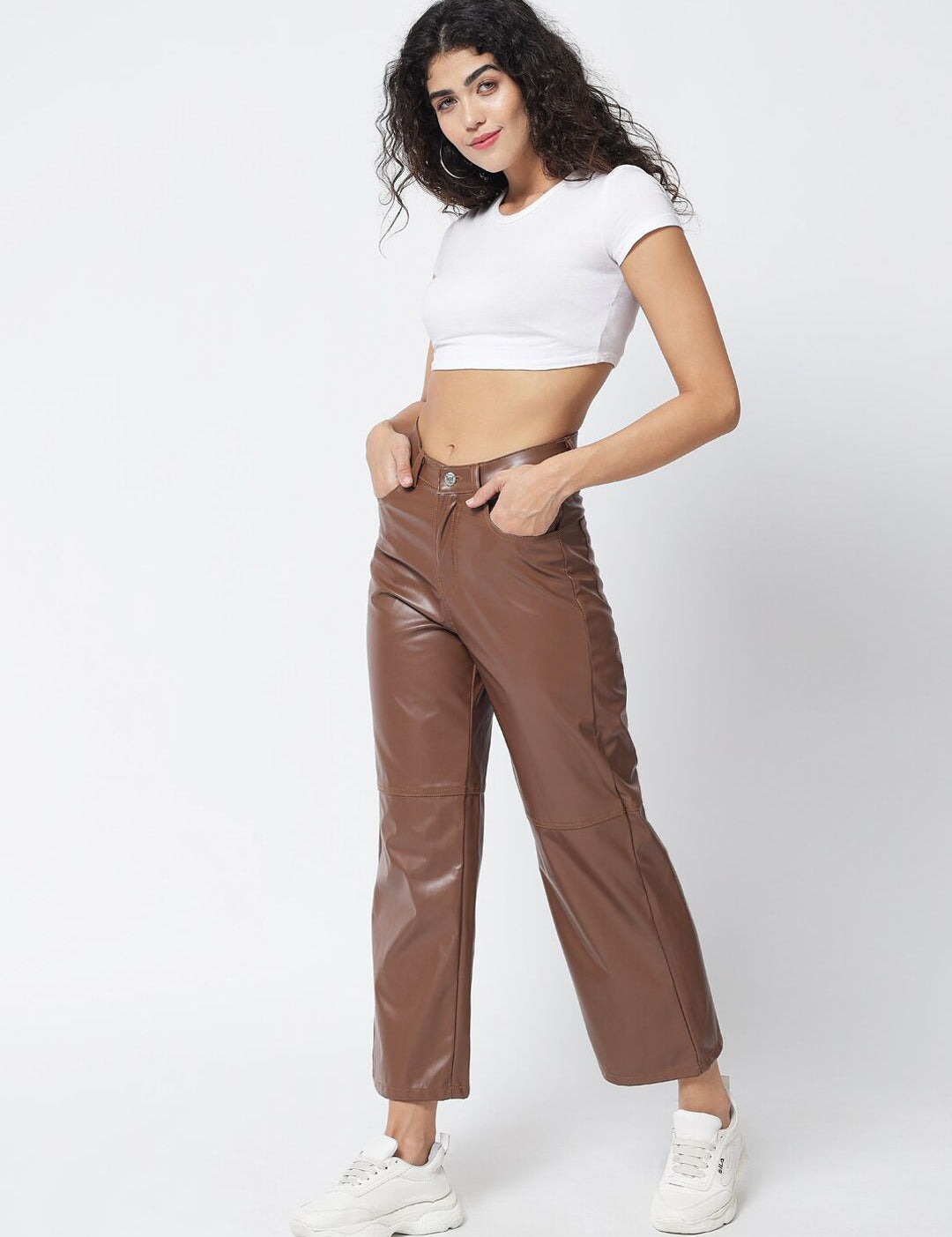 Kotty Women Brown Relaxed Straight Fit Cropped PU Leather Parallel Trousers
