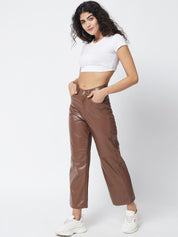 Kotty Women Brown Relaxed Straight Fit Cropped PU Leather Parallel Trousers