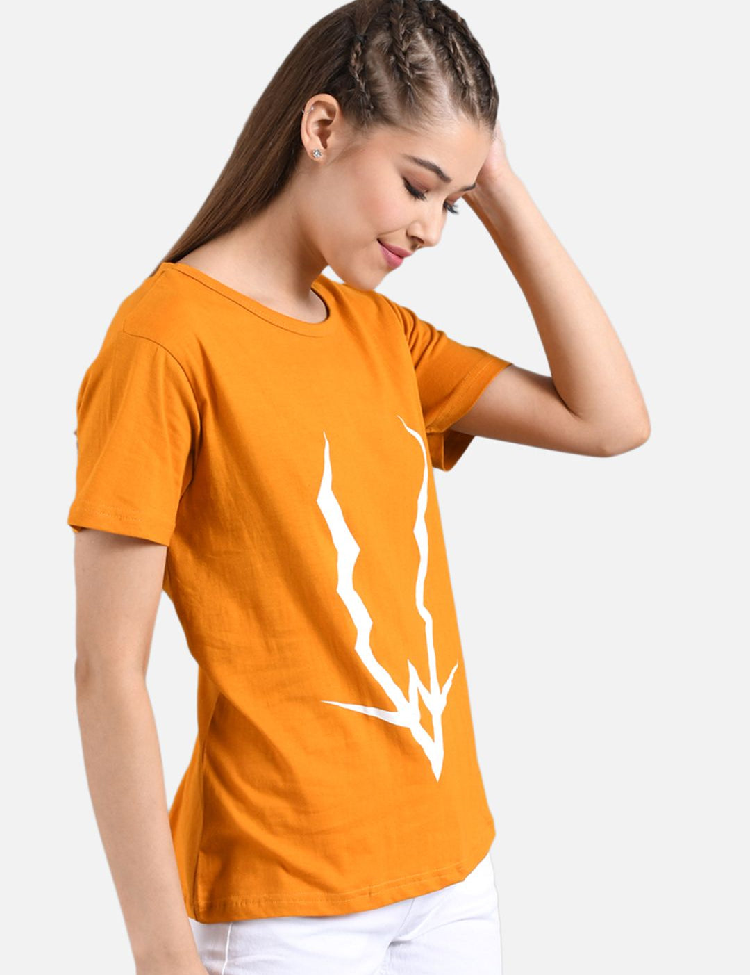 Kotty Women Orange Printed Round Neck T-shirt