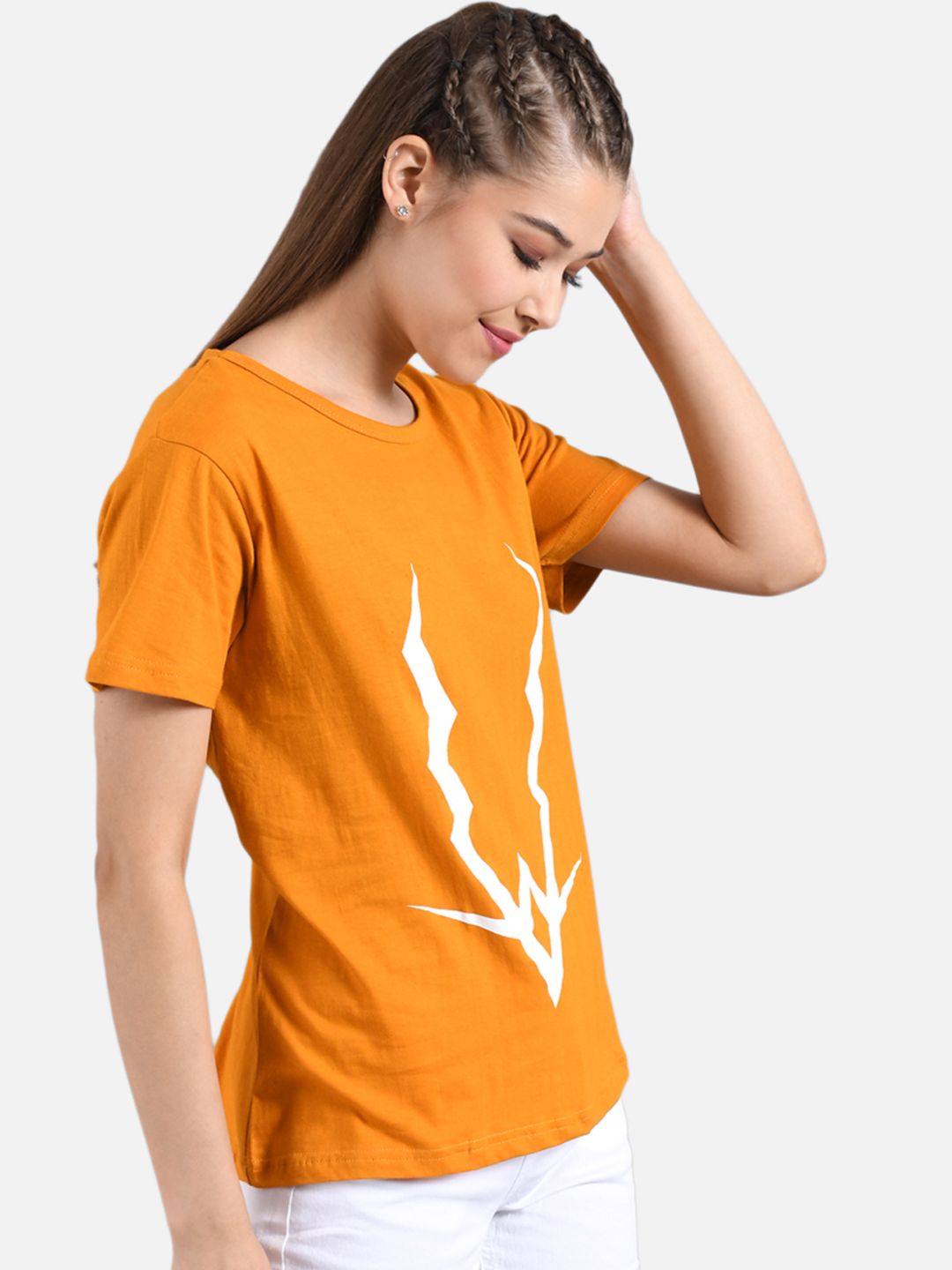 Kotty Women Orange Printed Round Neck T-shirt