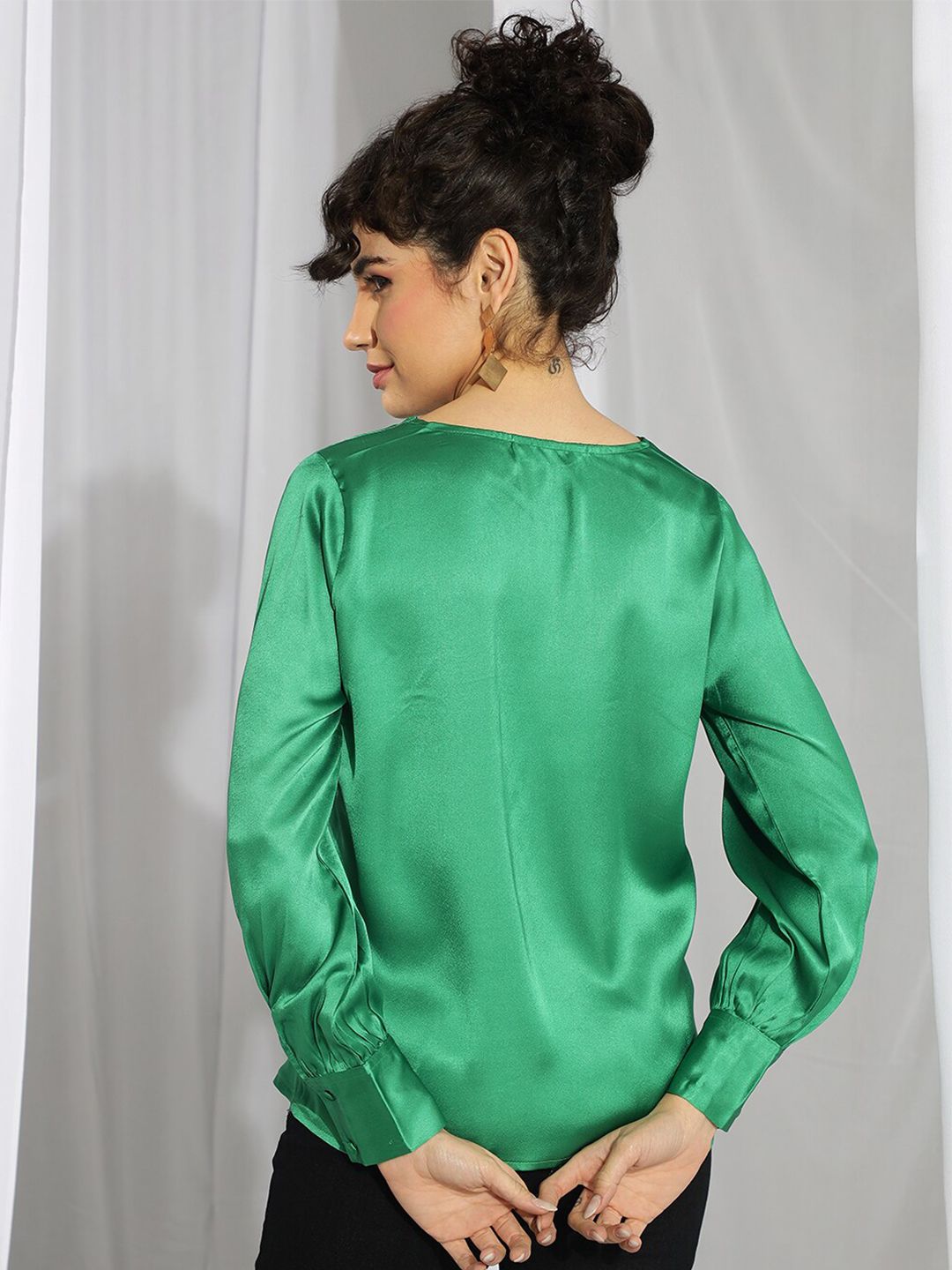 Kotty Green Cowl Neck Bishop Sleeves Satin Top