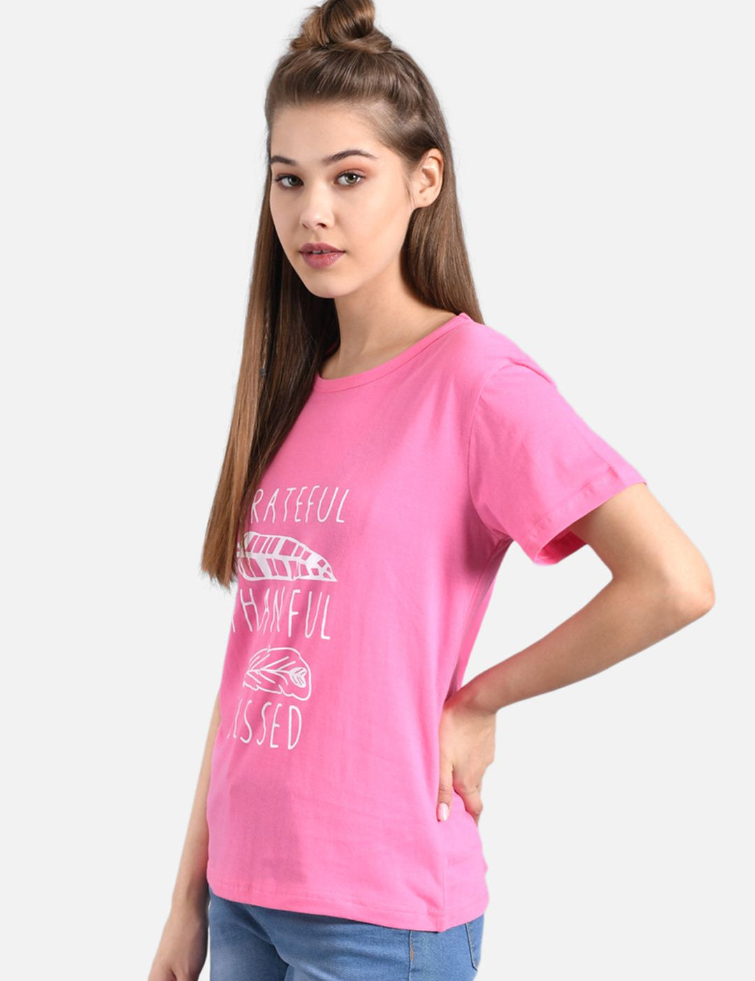 Kotty Women Pink & White Printed Round Neck T-shirt