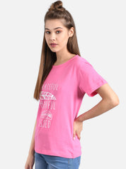 Kotty Women Pink & White Printed Round Neck T-shirt