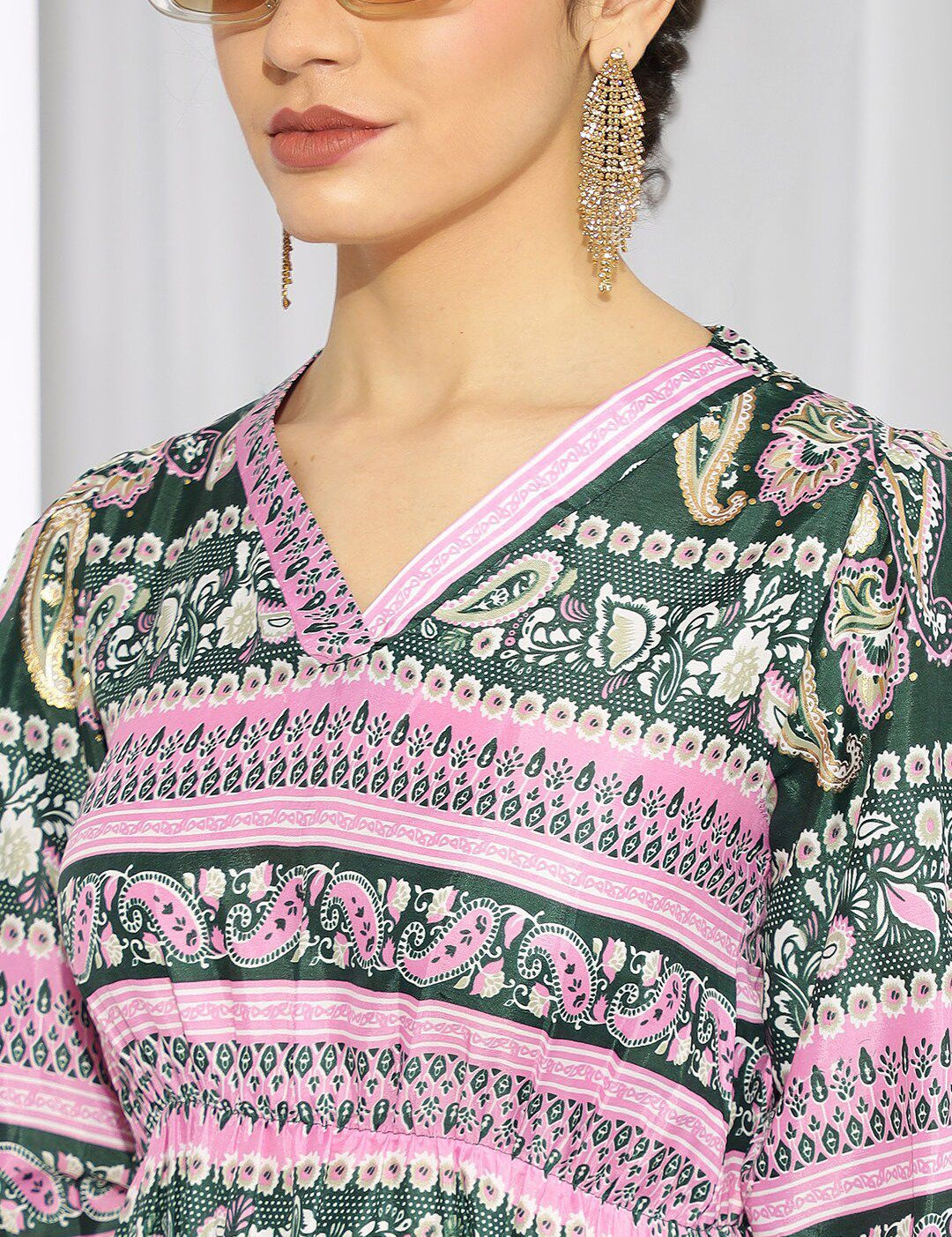 Kotty Pink & Green Ethnic Motifs Printed Cuffed Sleeves A-Line Midi Dress