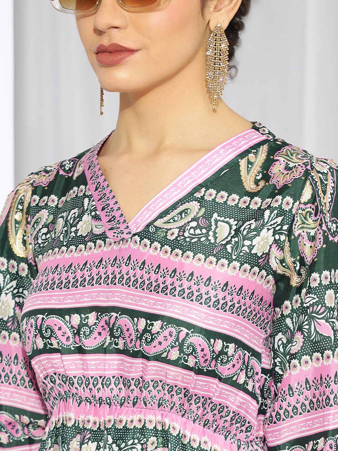 Kotty Pink & Green Ethnic Motifs Printed Cuffed Sleeves A-Line Midi Dress