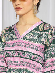 Kotty Pink & Green Ethnic Motifs Printed Cuffed Sleeves A-Line Midi Dress