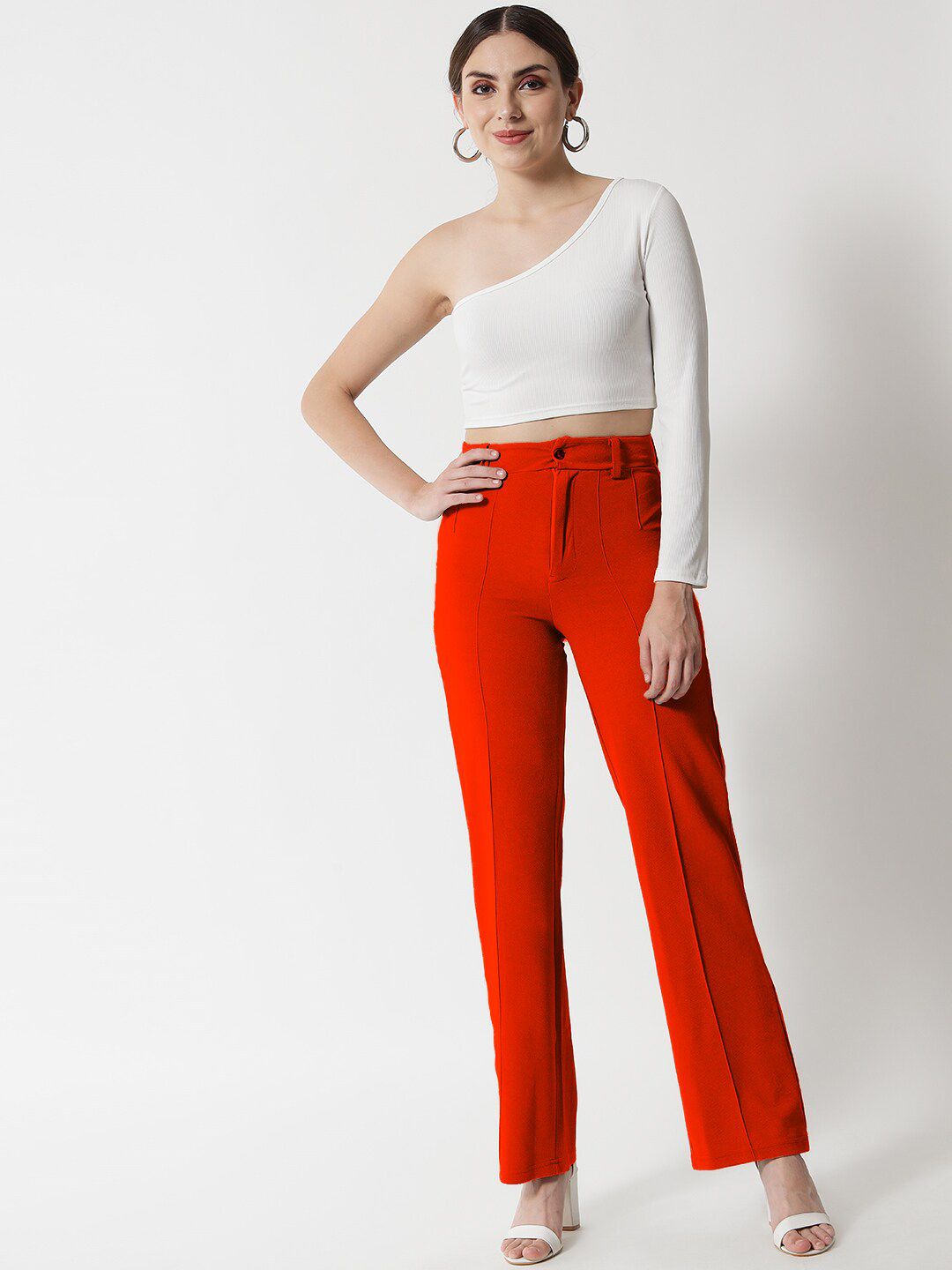 KOTTY BIZwear Women Orange Relaxed Straight Fit High-Rise Easy Wash Trousers