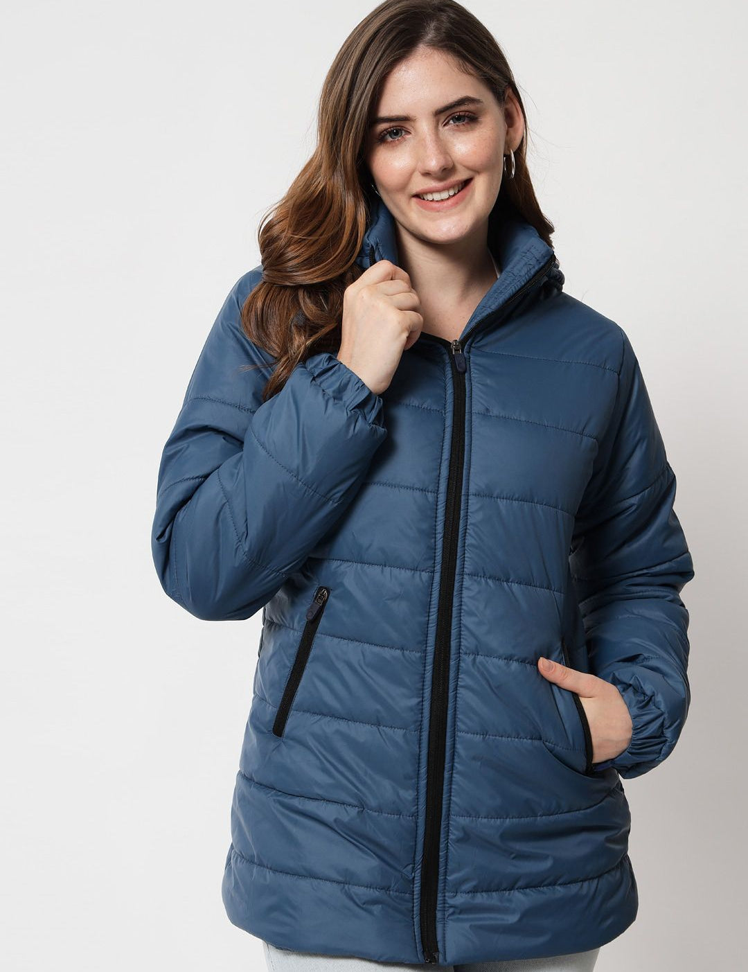 Kotty Women Blue Solid Longline Padded Jacket