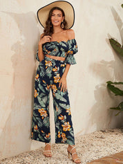 Kotty Navy Blue Printed Off Shoulder Top With Trouser  