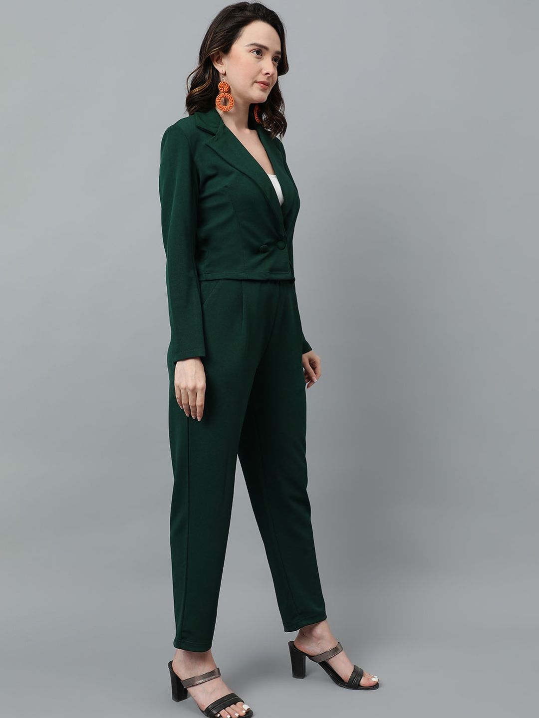 KOTTY BIZwear Green Notched Lapel Collar Blazer & Mid Rise Trouser