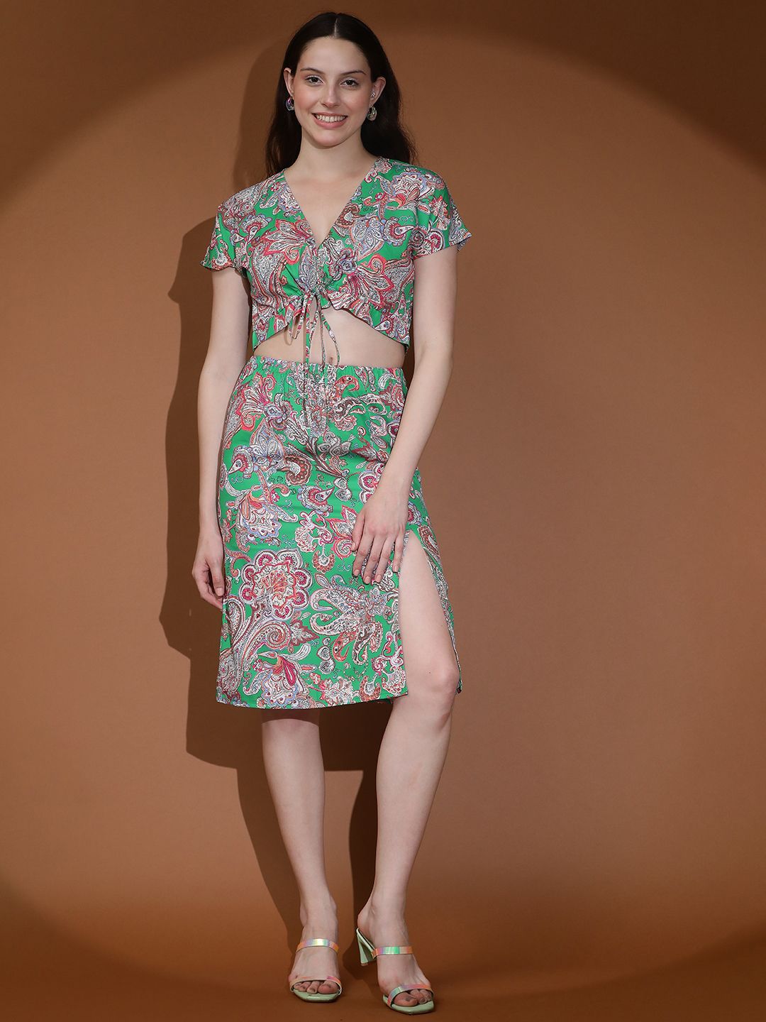 Kotty Green Floral Printed V-Neck Top & Skirt