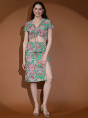 Kotty Green Floral Printed V-Neck Top & Skirt