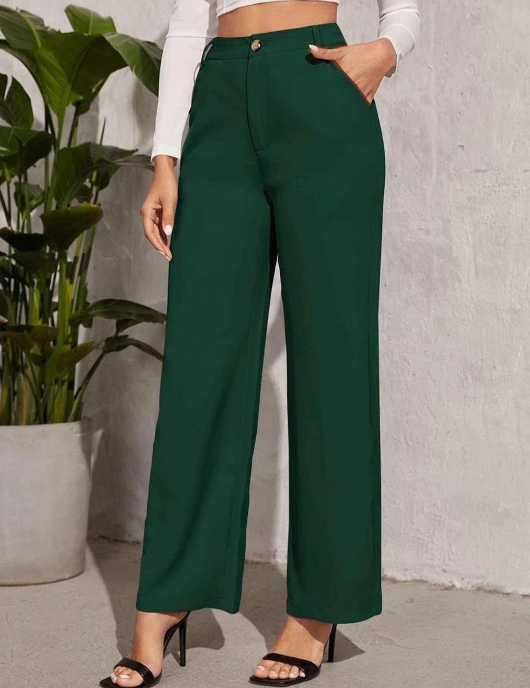 KOTTY BIZwear Women Green Relaxed Straight Leg Straight Fit High-Rise Trousers