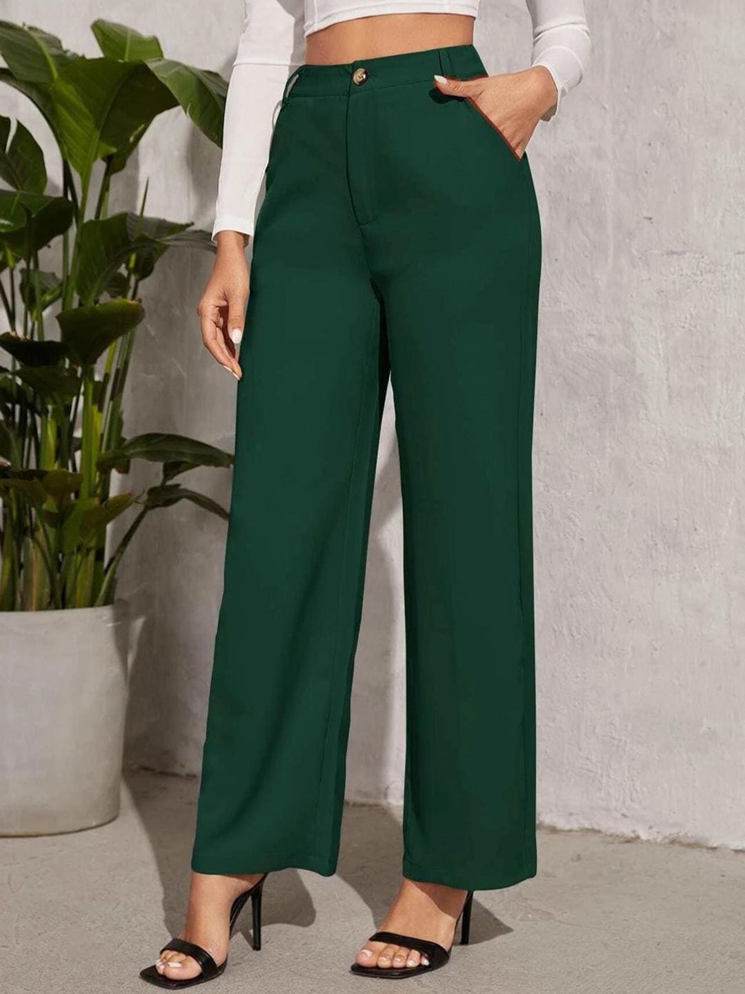 KOTTY BIZwear Women Green Relaxed Straight Leg Straight Fit High-Rise Trousers