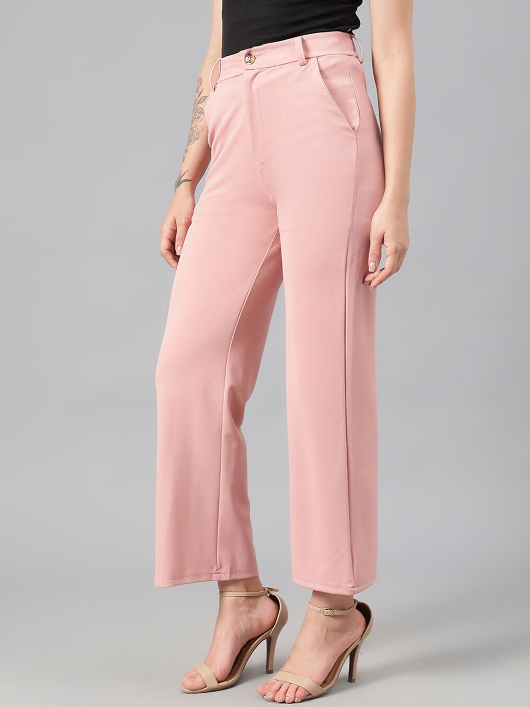 Kotty Women Pink Relaxed Straight Leg Fit High-Rise Easy Wash Parallel Trousers
