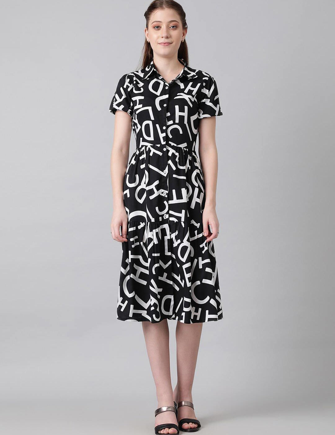 Kotty Black & White Typography Printed Shirt Style Midi Dress