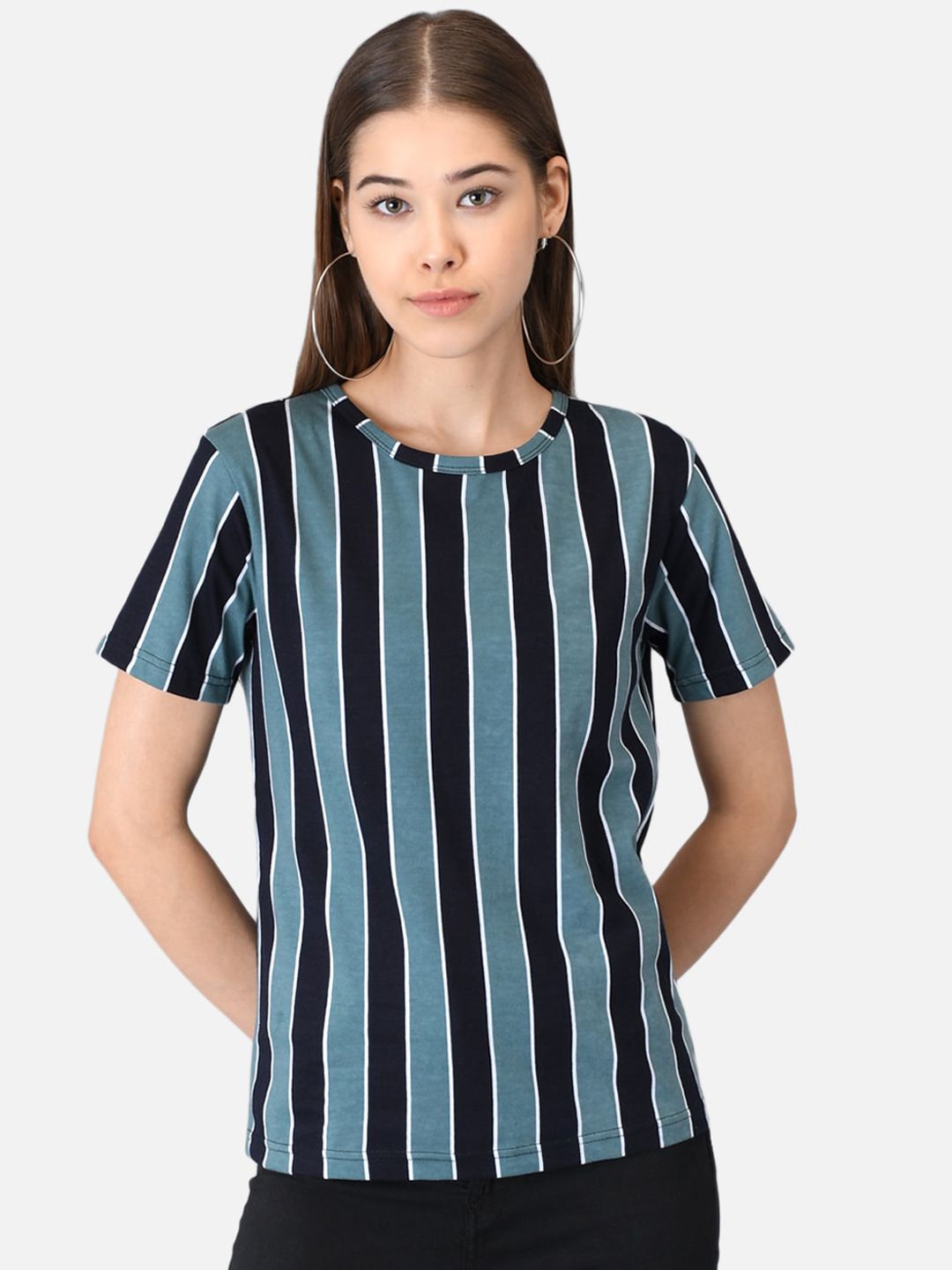Kotty Women Blue & Black Striped Round Neck T-shirt