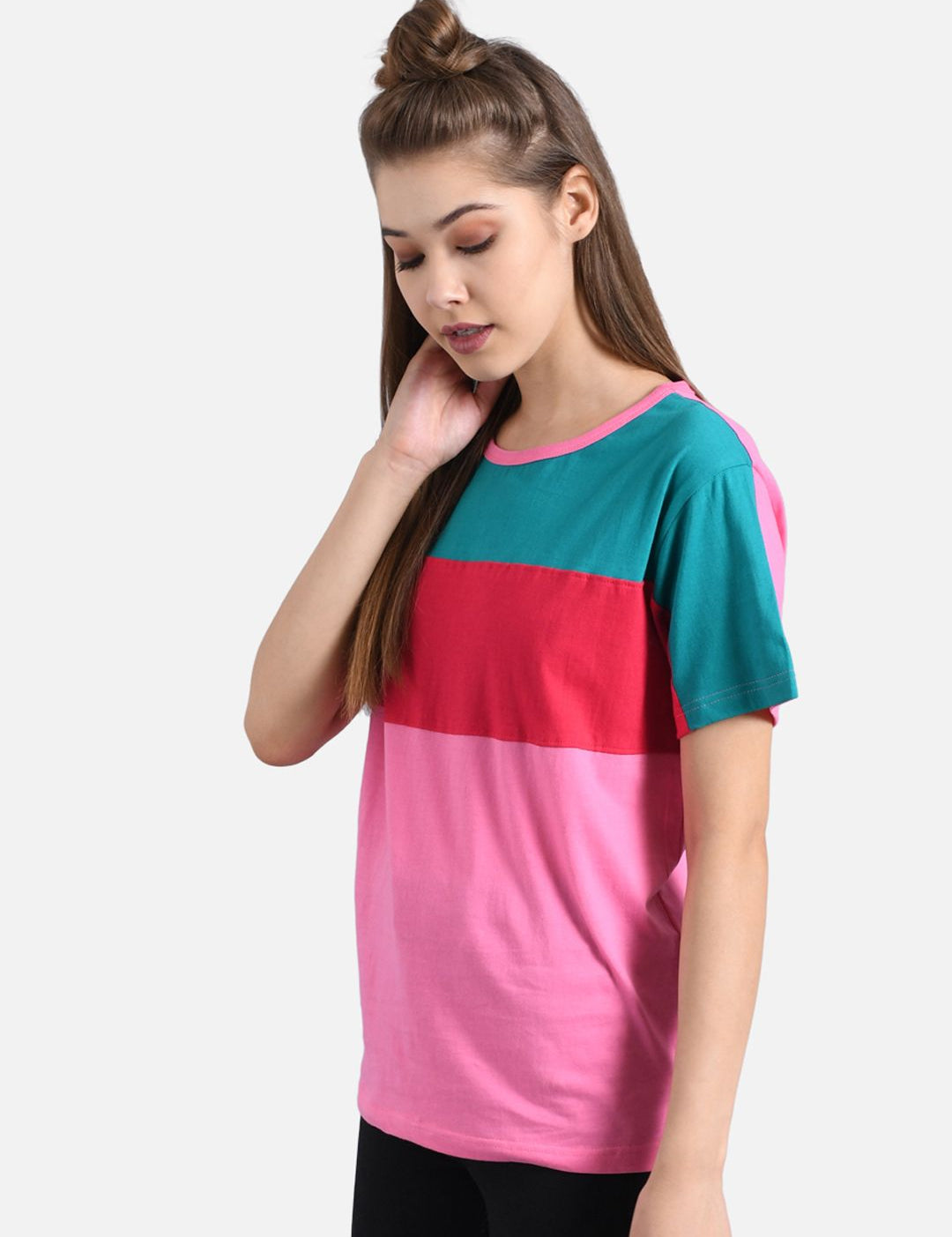 Kotty Women Pink & Green Colourblocked Round Neck T-shirt