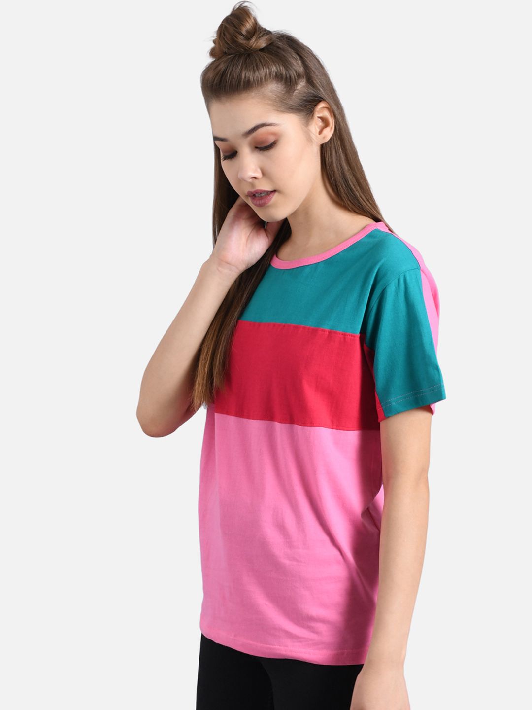 Kotty Women Pink & Green Colourblocked Round Neck T-shirt