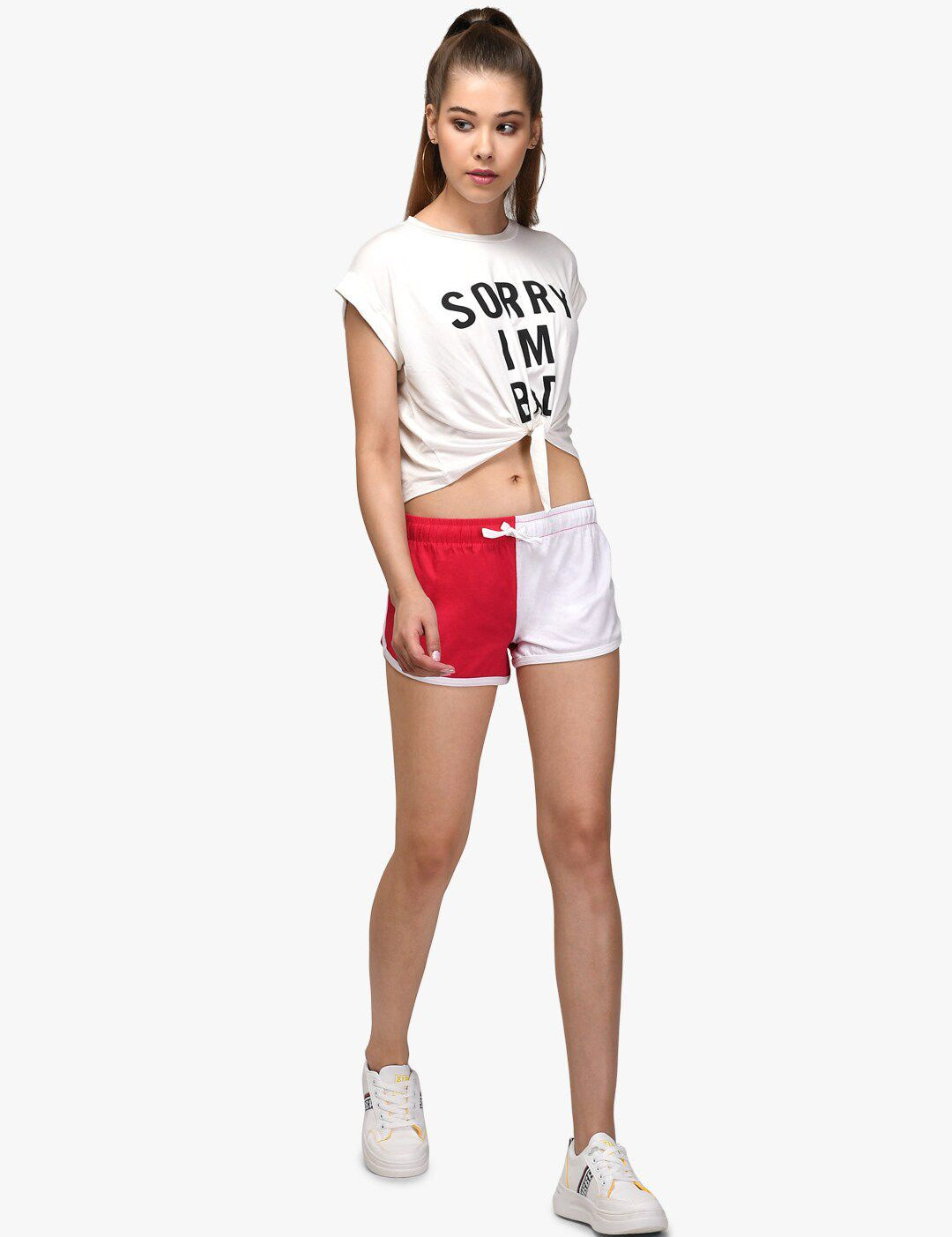 Kotty Women Red And White Colourblocked Regular Fit Hot Pants