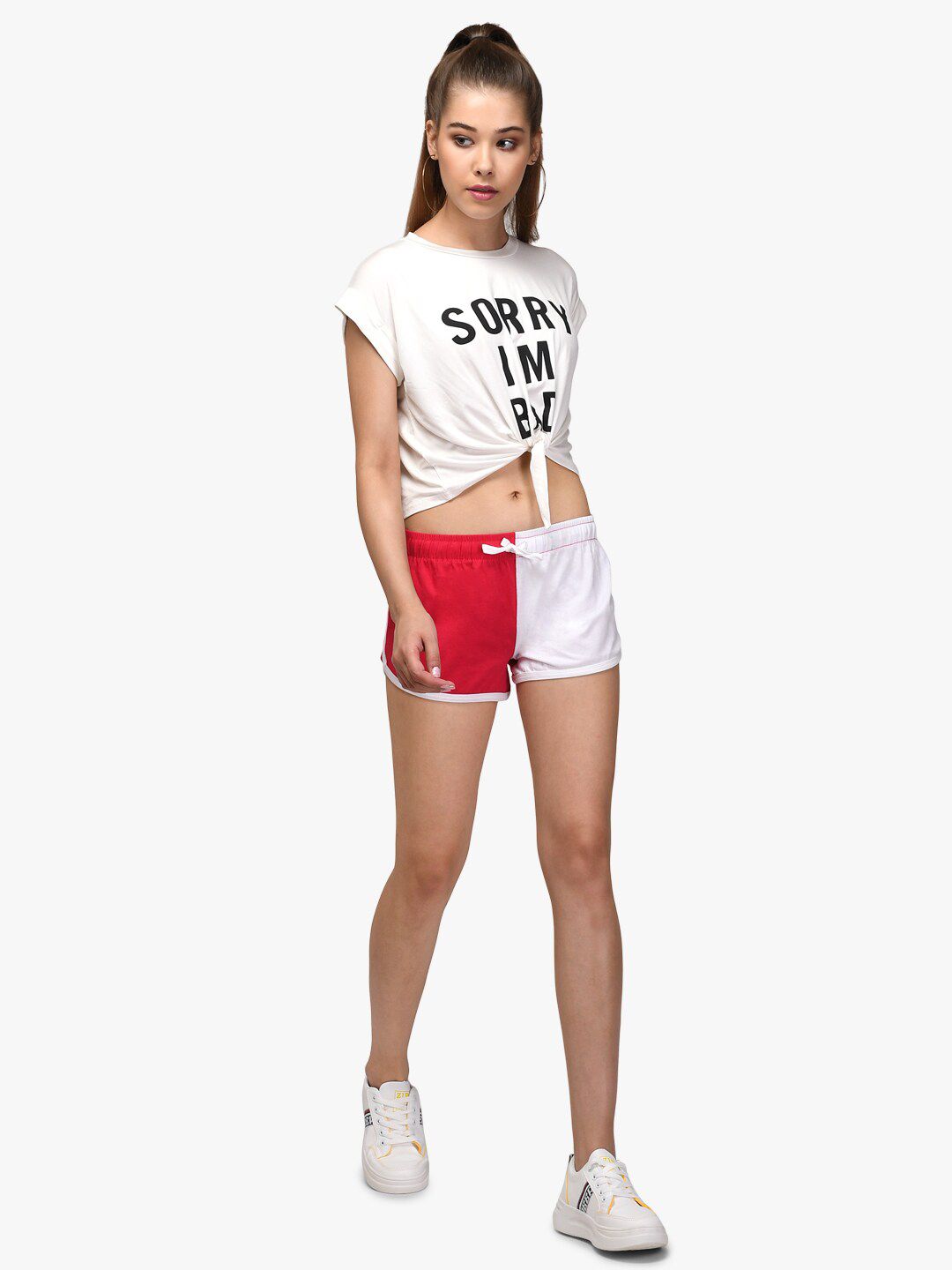 Kotty Women Red And White Colourblocked Regular Fit Hot Pants