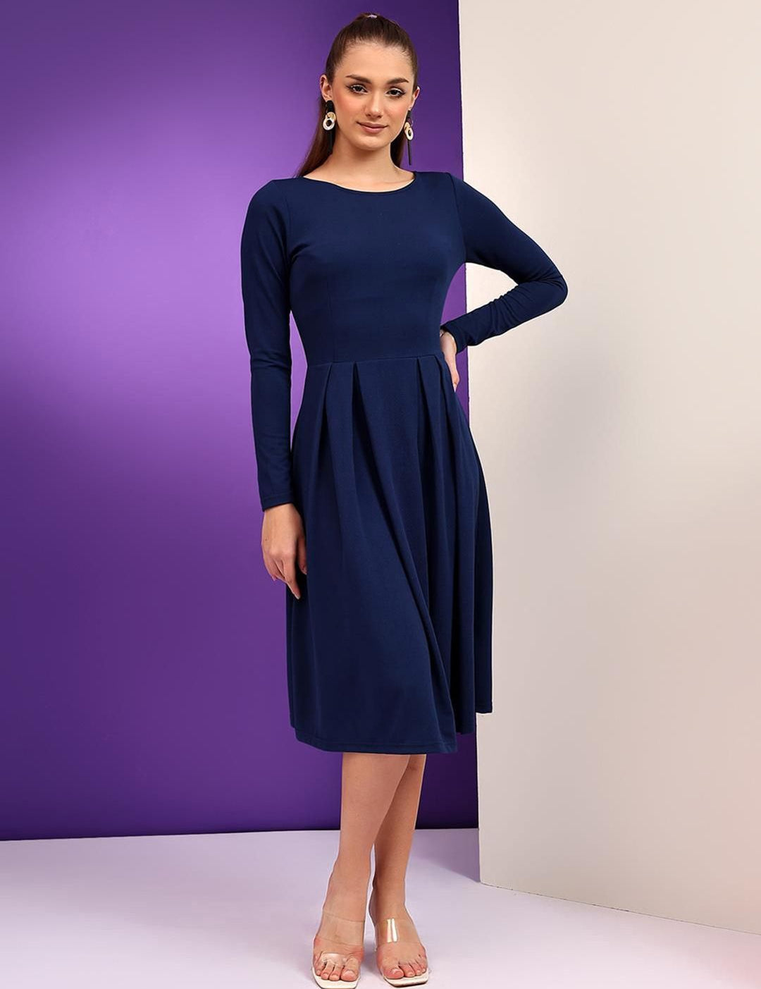 Kotty Round Neck Pleated Fit & Flare Dress