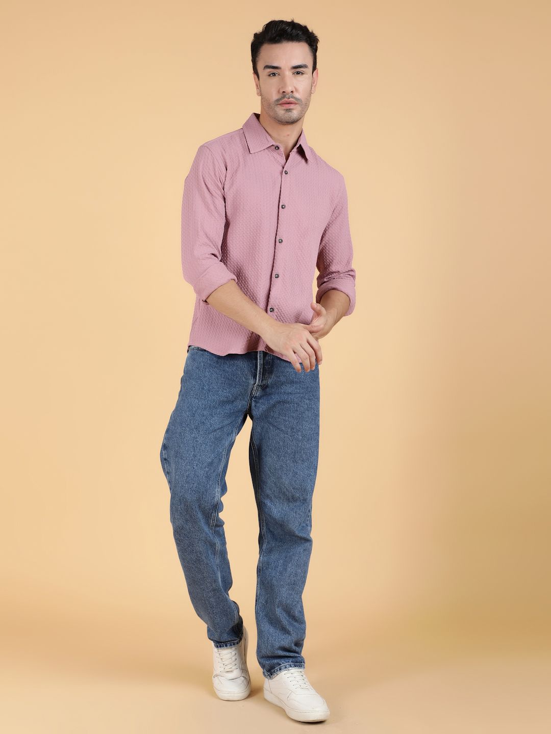 Kotty Men Relaxed Spread Collar Textured Cotton Casual Shirt