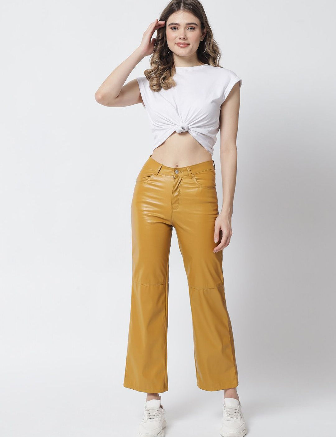 Kotty Women Yellow Solid Relaxed Straight Fit Leather Trousers