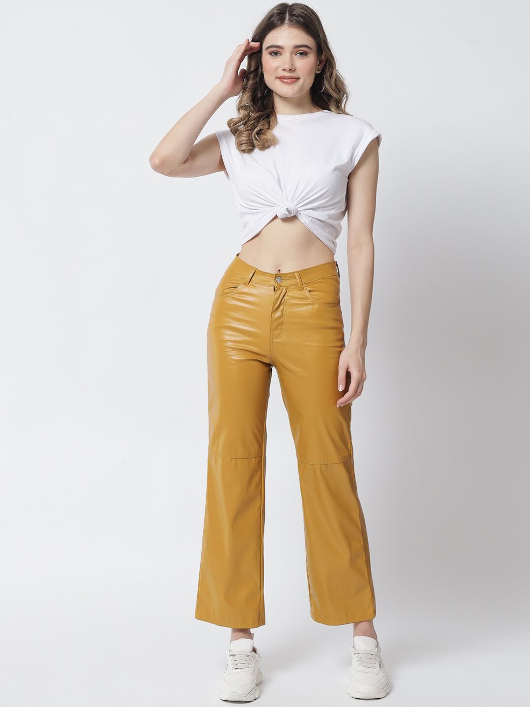 Kotty Women Yellow Solid Relaxed Straight Fit Leather Trousers