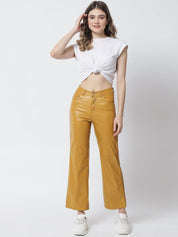 Kotty Women Yellow Solid Relaxed Straight Fit Leather Trousers