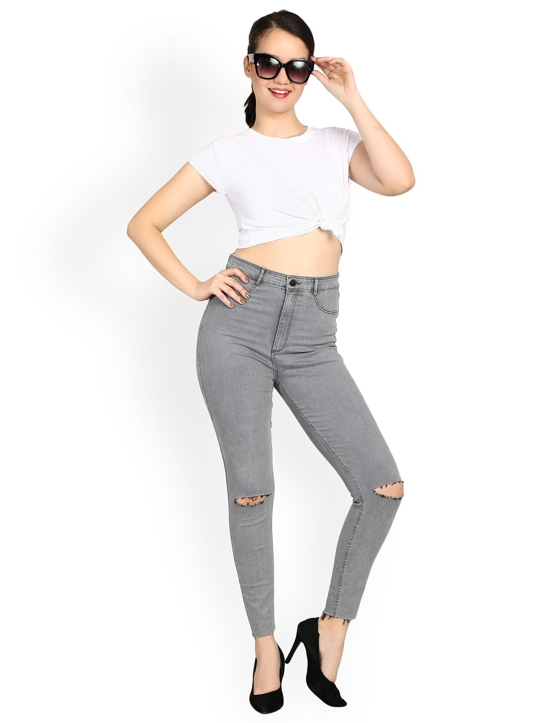 Kotty Women Grey Skinny Fit High-Rise Slash Knee Jeans