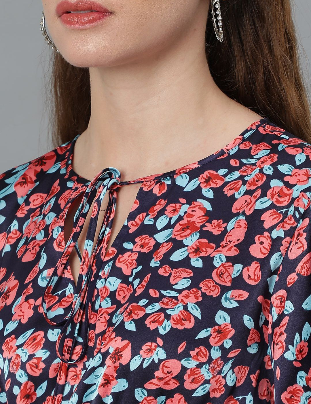 Kotty Black Floral Printed Tie-Up Neck Puff Sleeves Fit & Flare Dress