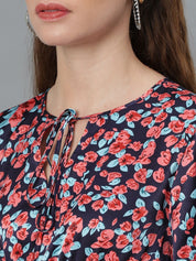 Kotty Black Floral Printed Tie-Up Neck Puff Sleeves Fit & Flare Dress