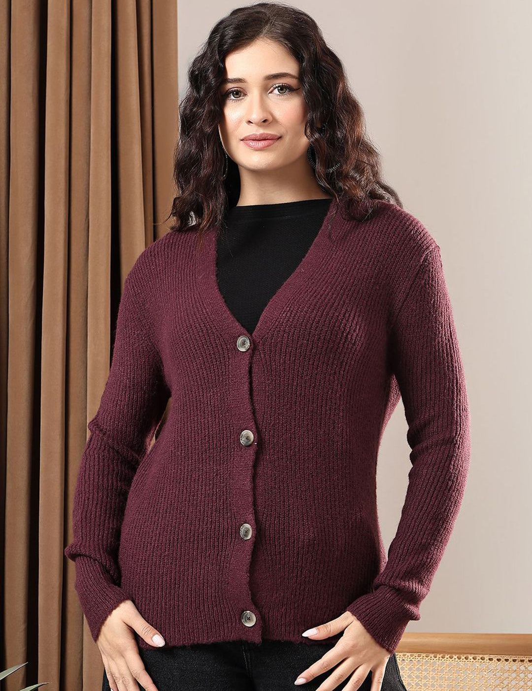 Kotty Women V-Neck Cotton Ribbed Cardigan