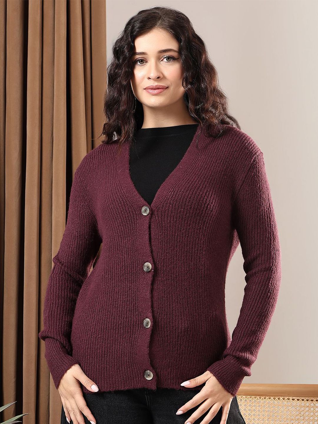 Kotty Women V-Neck Cotton Ribbed Cardigan