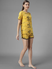 Kotty Women Yellow & Black Printed Night Suit