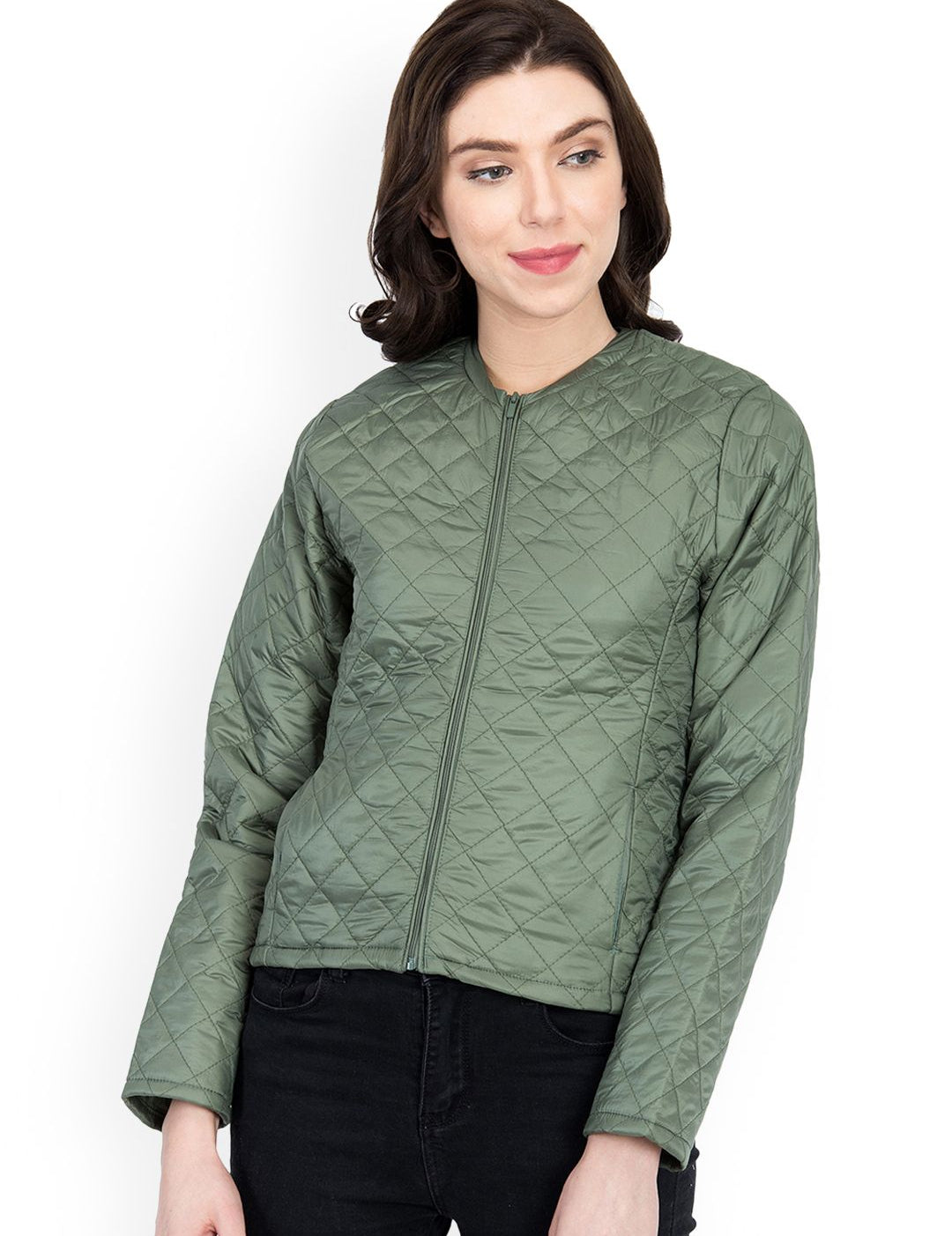 Kotty Women Olive Green Self Design Quilted Jacket