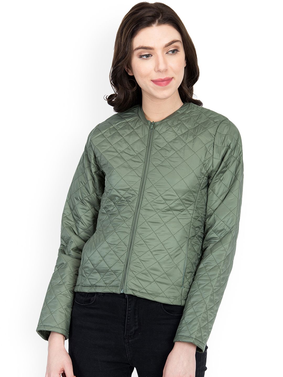Kotty Women Olive Green Self Design Quilted Jacket